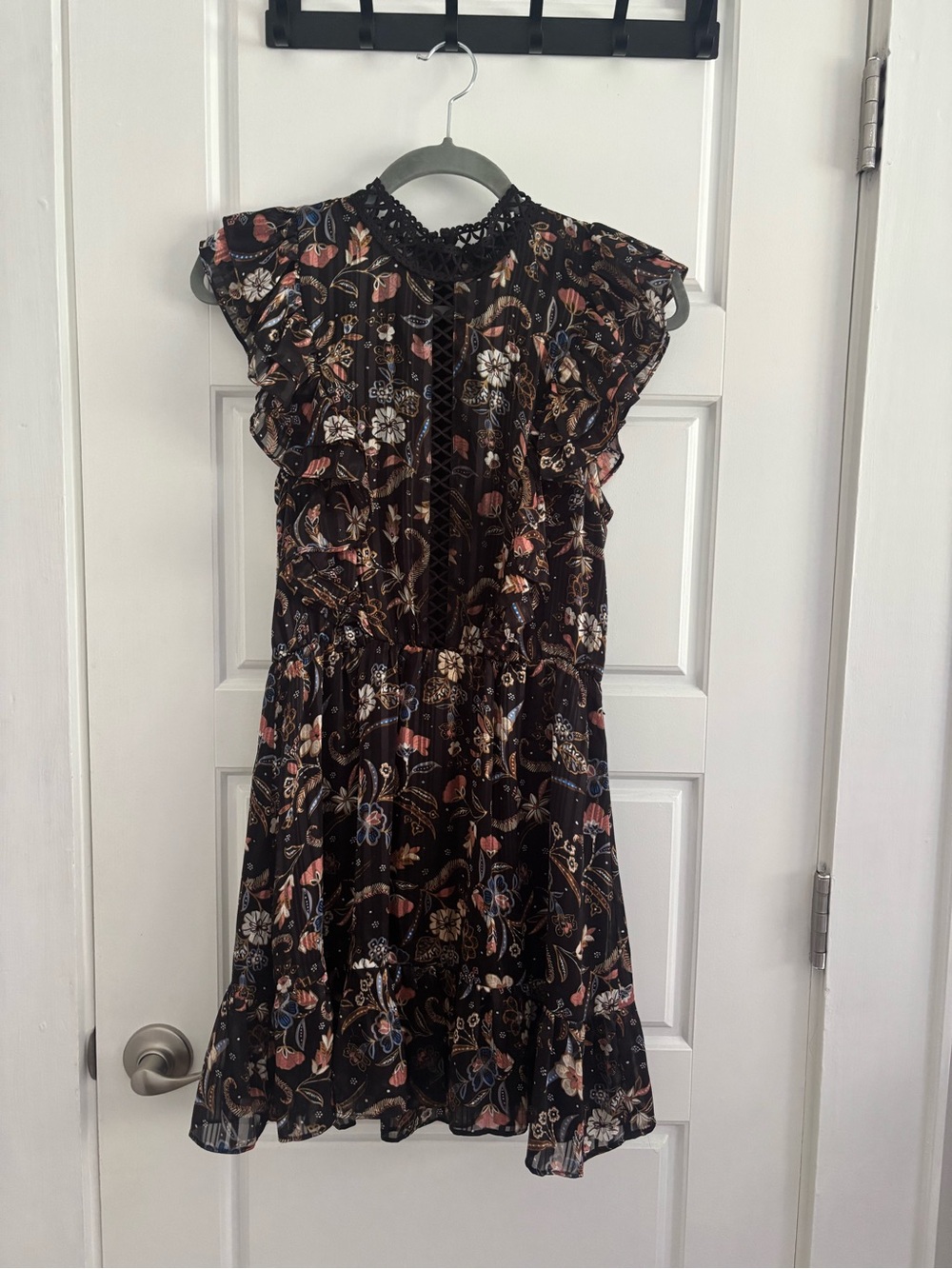 MINKPINK Black Floral Ruffle Mini Dress with Pink & Cream Details